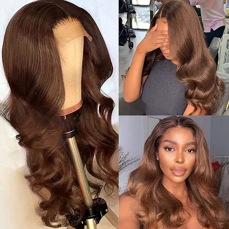 34inch 13x6 HD Lace Frontal Wigs Chocolate Brown Body Wave Human Hair 180% Density