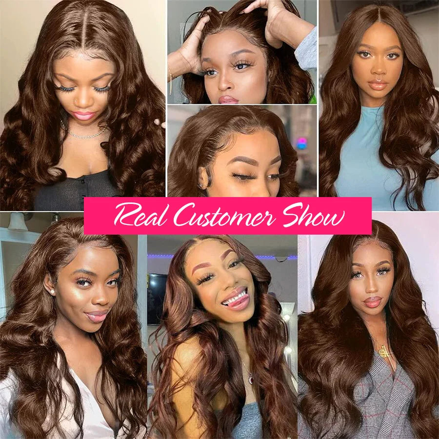 34inch 13x6 HD Lace Frontal Wigs Chocolate Brown Body Wave Human Hair 180% Density