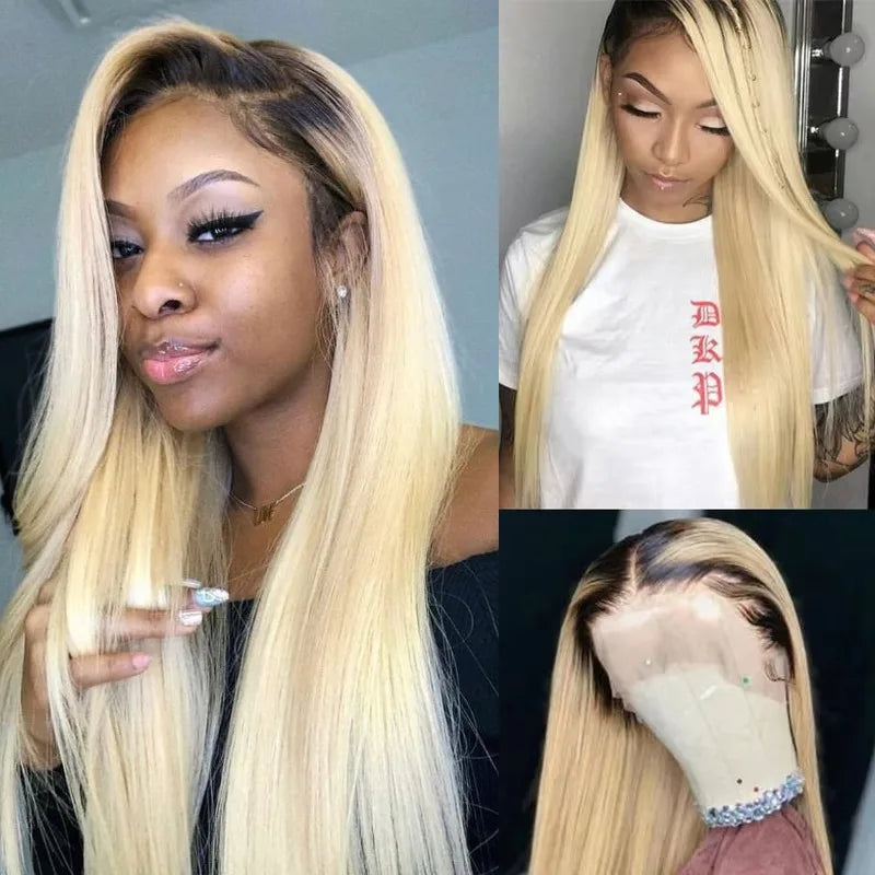 18 inch 13x6 Lace Frontal Wig Brazilian Straight Human Hair Wig 2 Tone Dark Root 1B 613 Ombre Blonde