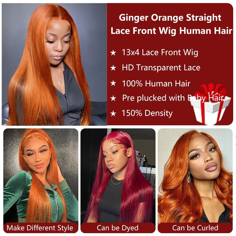 40 Inch Orange Ginger 13x6 HD Lace Frontal Wig Human Hair Bone Straight