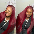 Burgundy 46inch 13x4 HD Lace Frontal Human Hair Wig Straight 200% Density