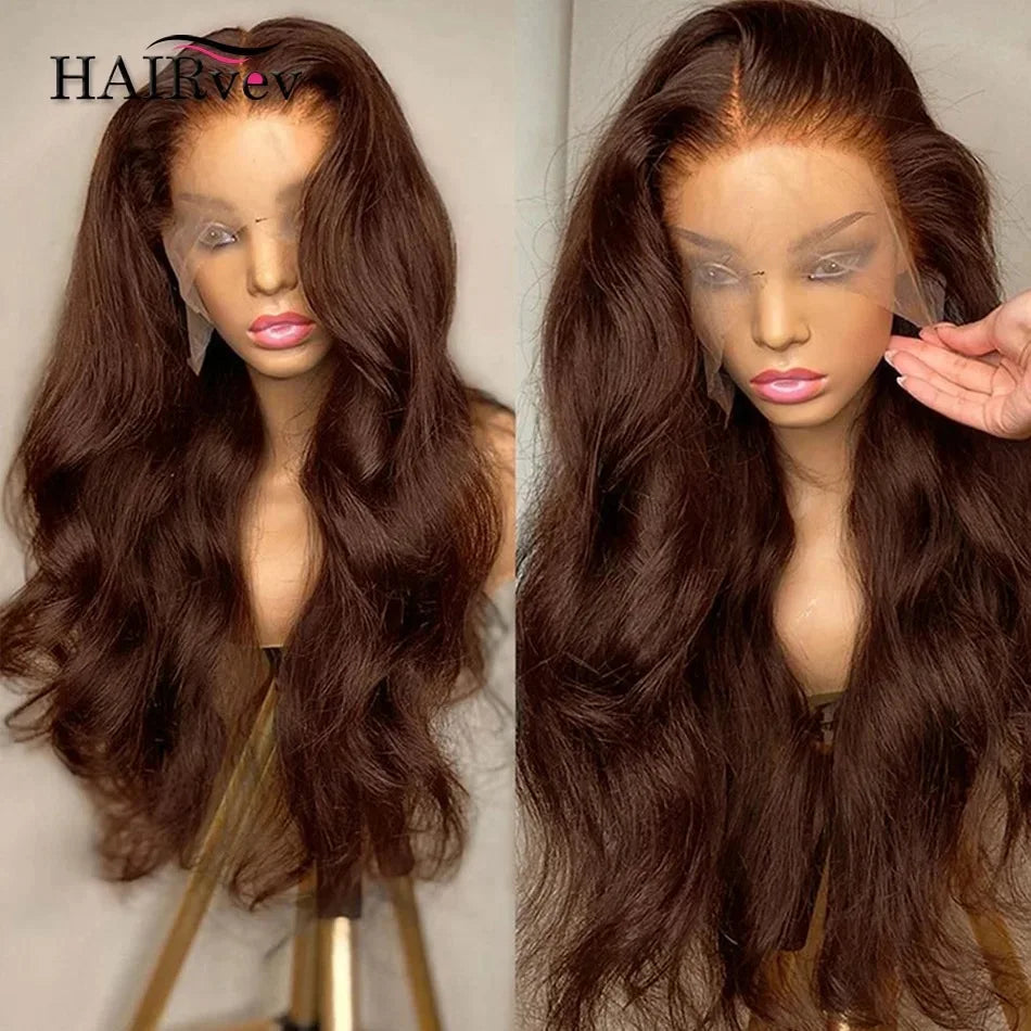 34inch 13x6 HD Lace Frontal Wigs Chocolate Brown Body Wave Human Hair 180% Density