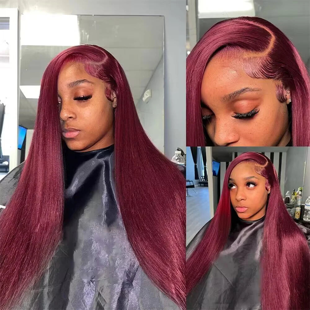 Burgundy 46inch 13x4 HD Lace Frontal Human Hair Wig Straight 200% Density