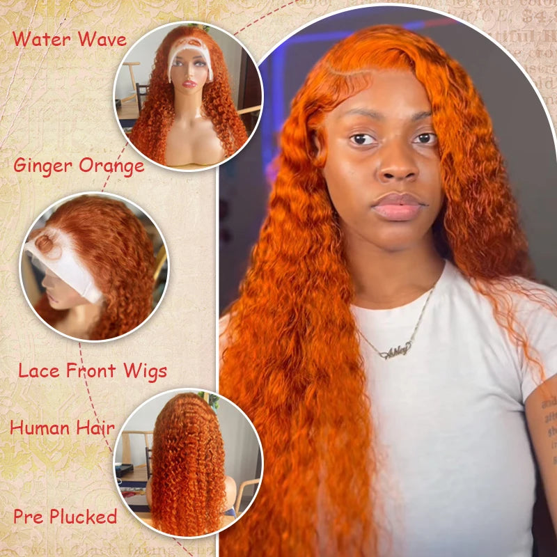 20inch Water Wave Ginger Lace Front Wigs Human Hair 13x6