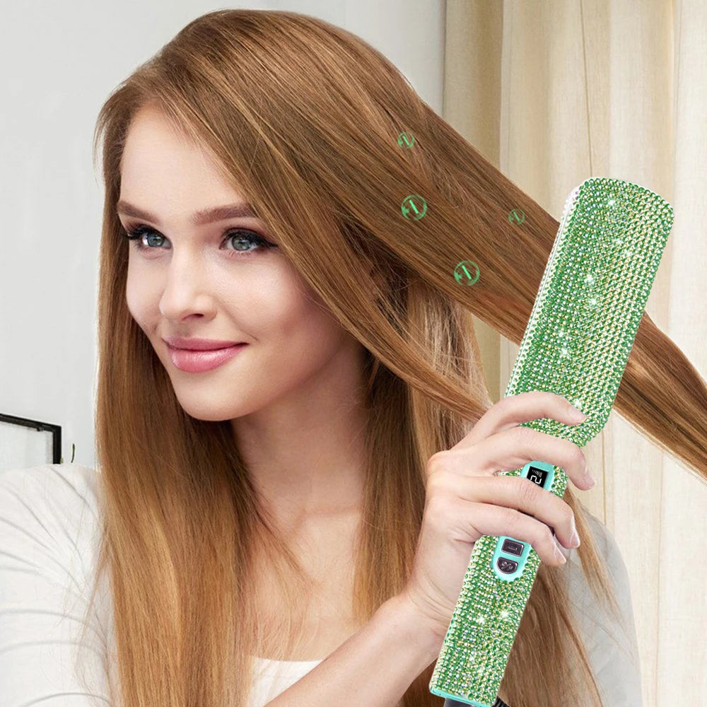 Rhinestone Flat Iron Titanium Hair Straightener Dual Voltage Iron