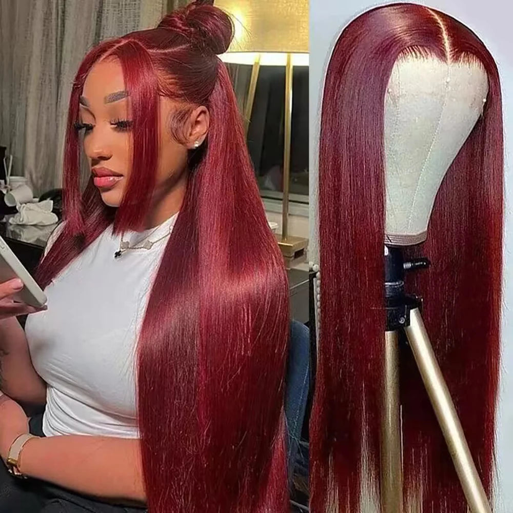 Burgundy 46inch 13x4 HD Lace Frontal Human Hair Wig Straight 200% Density