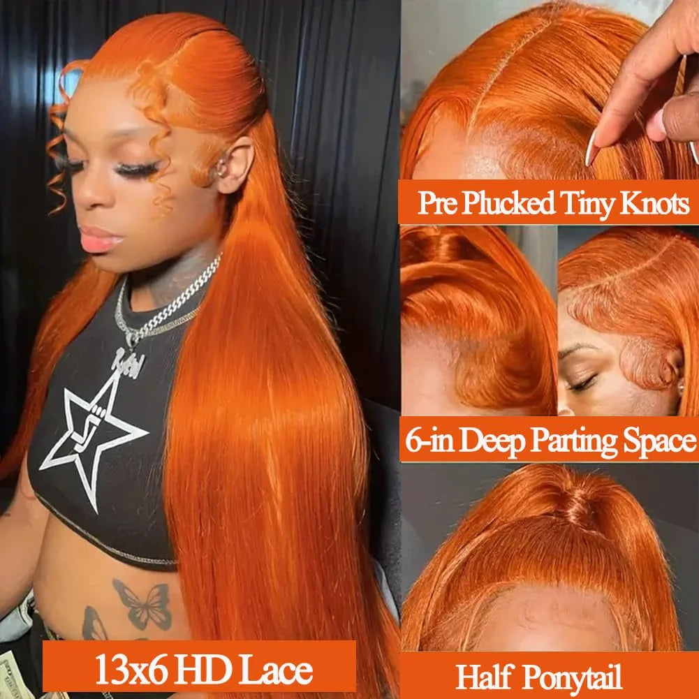40 Inch Orange Ginger 13x6 HD Lace Frontal Wig Human Hair Bone Straight